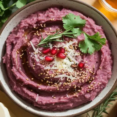 Purple sweet potato mash with honey, rosemary, parmesan, sesame seeds, and pomegranate, served in a rustic bowl with raw ingredients.