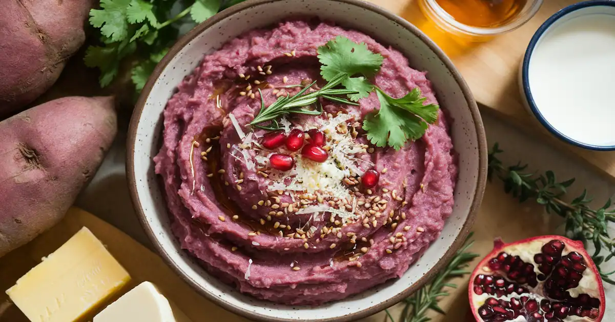 Purple sweet potato mash with honey, rosemary, parmesan, sesame seeds, and pomegranate, served in a rustic bowl with raw ingredients.