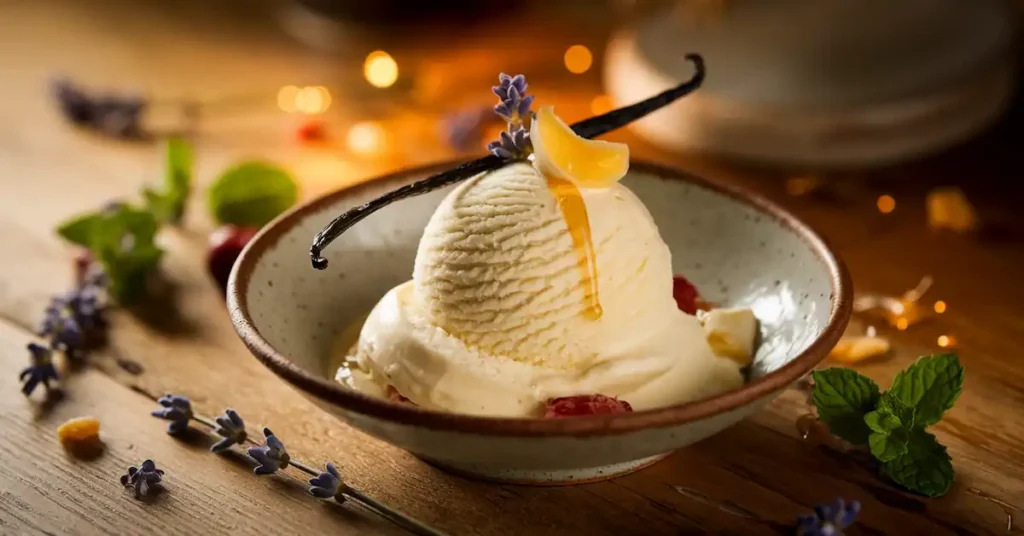 Homemade vanilla ice cream in a rustic bowl with vanilla bean and honey drizzle, garnished with lavender and fresh mint.