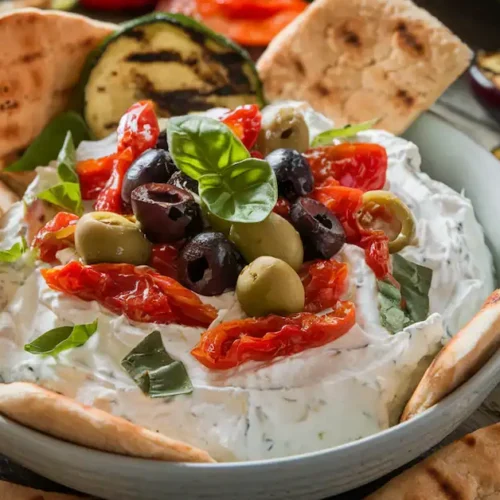 Vegan cottage cheese with sun-dried tomatoes, olives, and basil served with pita bread and grilled vegetables.