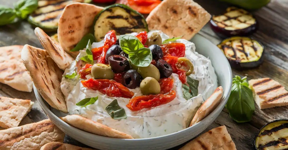 Vegan cottage cheese with sun-dried tomatoes, olives, and basil served with pita bread and grilled vegetables.